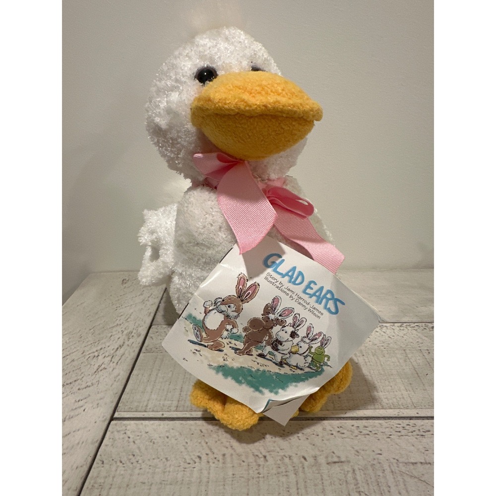 Animal Adventure Glad Ears White Plush Duck Stuffed Animal Pink Ribbon with Tag